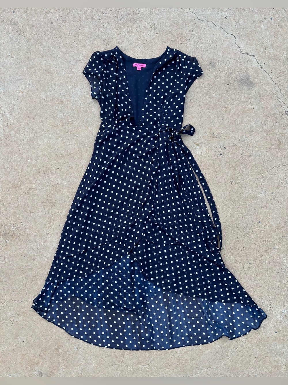 Betsey Johnson Navy Blue Polka Dot High-Low Ruffle Wrap Dress Size 10
